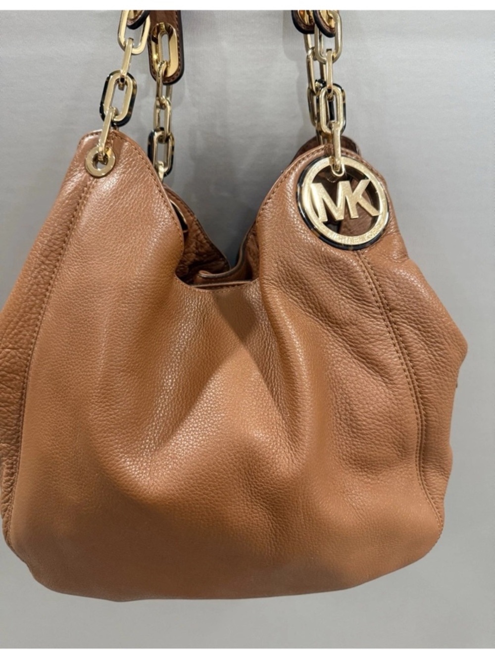 Michael Kors Tan Pebbled SOFT  Leather Shoulder Hobo with Gold Chain Trim